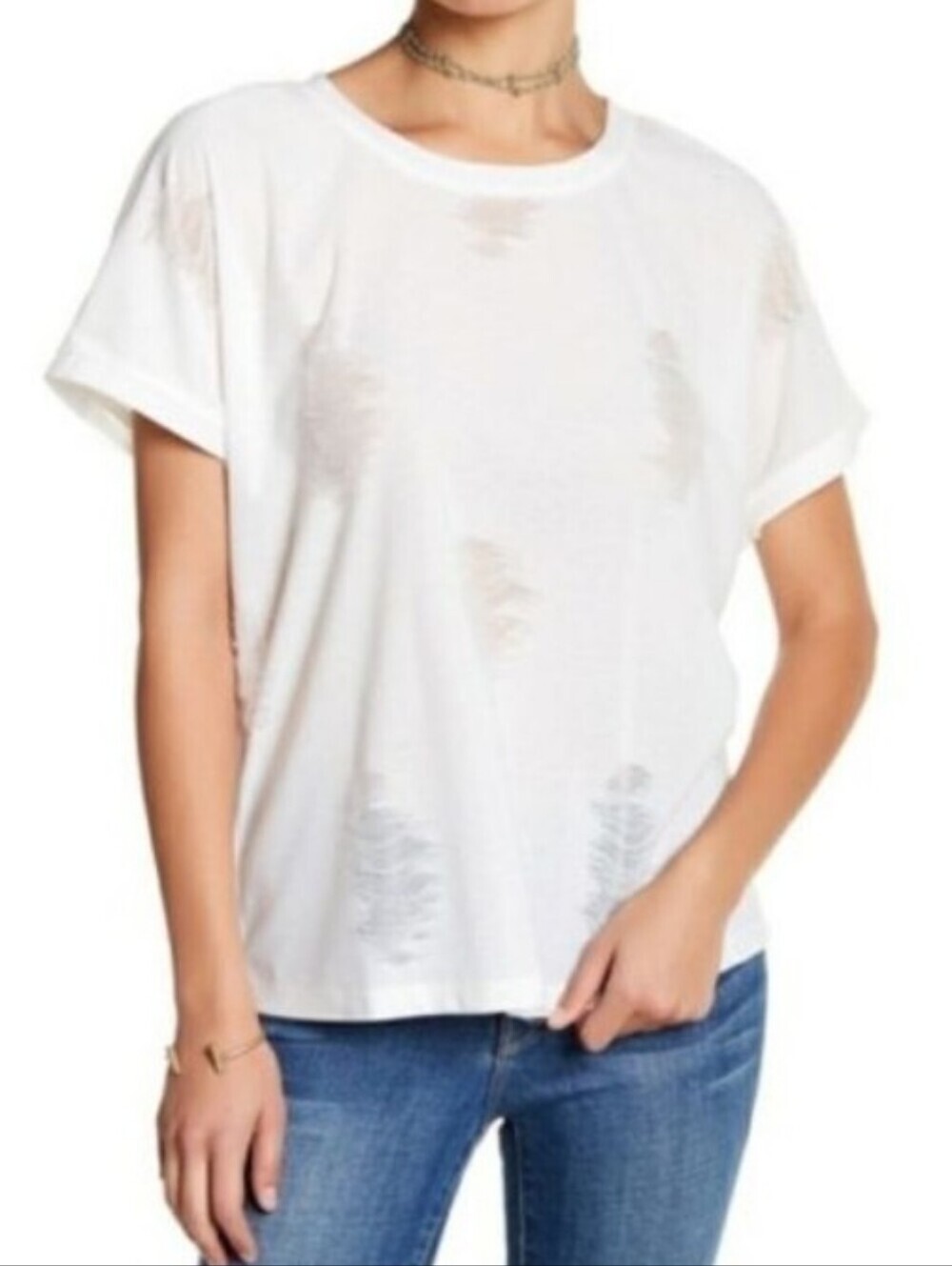 Socialite Shredded Distressed Short Sleeve White T-Shirt Size Small